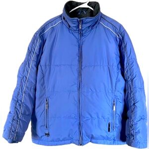 Blue Puffer Jacket with Quilted Pattern and High Collar. Women’s Size Large